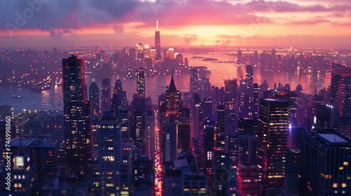 A breathtaking cityscape bathed in the glow of sunset  with urban skyscrapers lit up against the twilight sky  creating a vibrant scene.