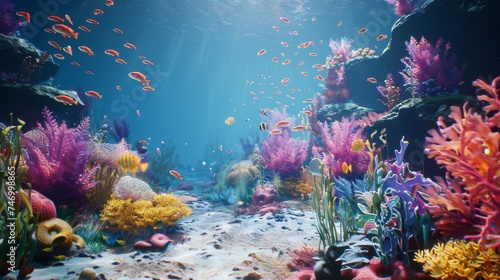 A vivid underwater scene showcasing a variety of colorful coral formations and schools of tropical fish under the ocean's shimmering surface.
