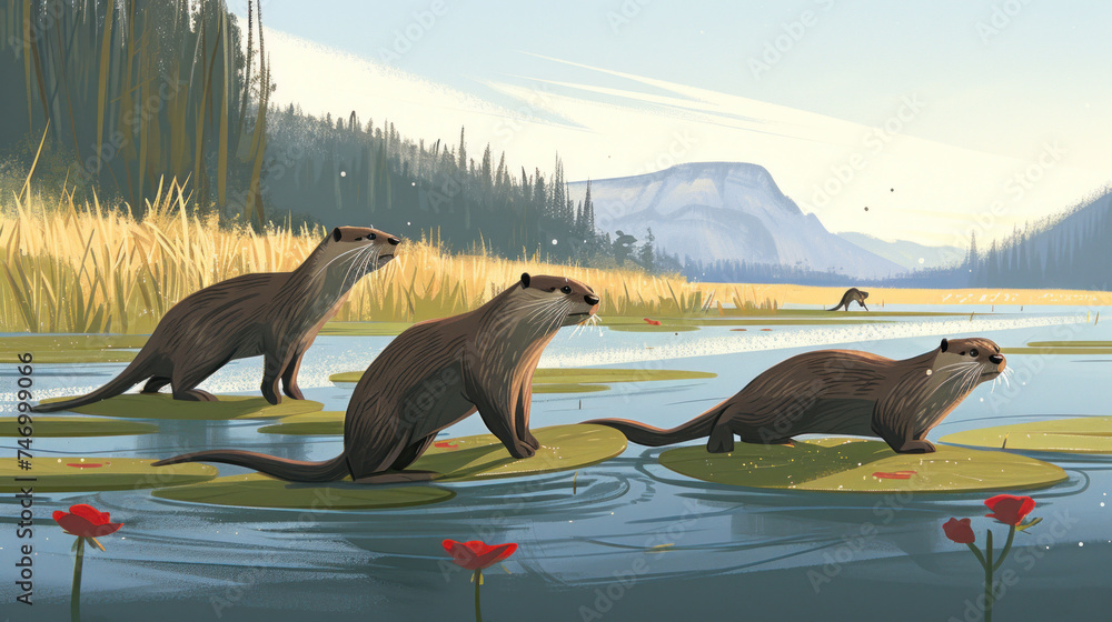 Fototapeta premium a painting of three otters on lily pads in a body of water with mountains in the background and red flowers in the foreground.