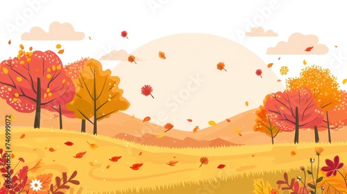 an autumn landscape with trees and leaves blowing in the wind and a sun in the background with clouds in the sky.