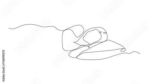 Continuous single line sketch drawing of woman sleeping on pillow bed one line lifestyle vector illustration