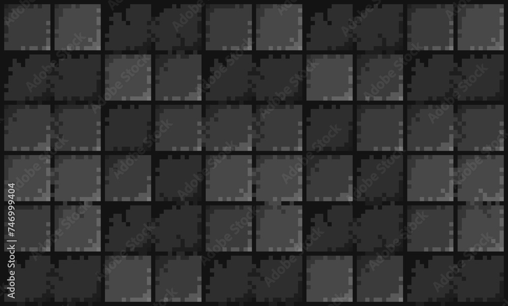 Naklejka premium Dungeon texture tile pattern, for pixel art style game. Monochrome stone seamless background. Steel concrete with dark background. 2D Brick Wall Texture - Assets for Game - Pixel art. 