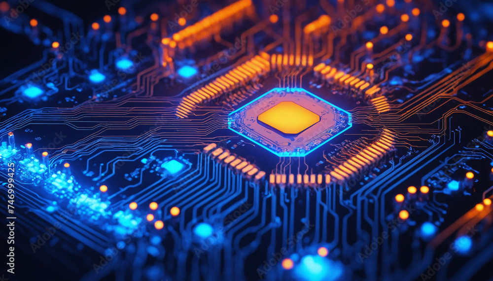 A brightly lit, macro view of a complex circuit board with chips, electronic components, and intricate data pathways