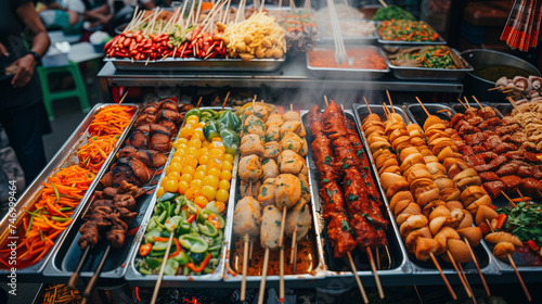 Colorful street food featuring kebab on skewers, seafood and grilled vegetables.
