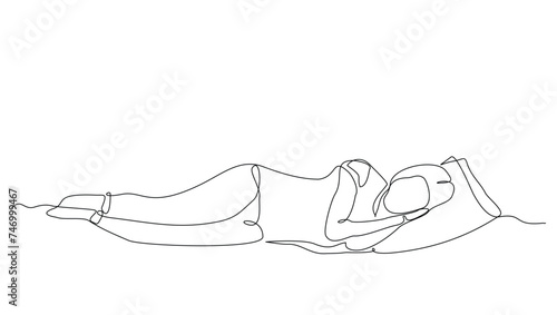 Continuous single line sketch drawing of woman sleeping on pillow bed one line lifestyle vector illustration