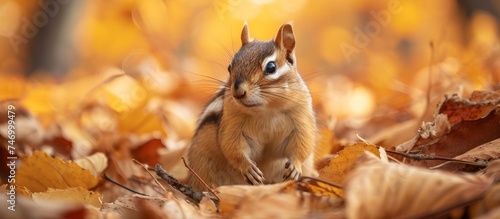 An Eastern chipmunk, a type of rodent and terrestrial animal, is perched on a pile of leaves in the Organ Mountains. With its fawn-colored fur, chipmunk features a snout, whiskers, and a bushy tail. photo