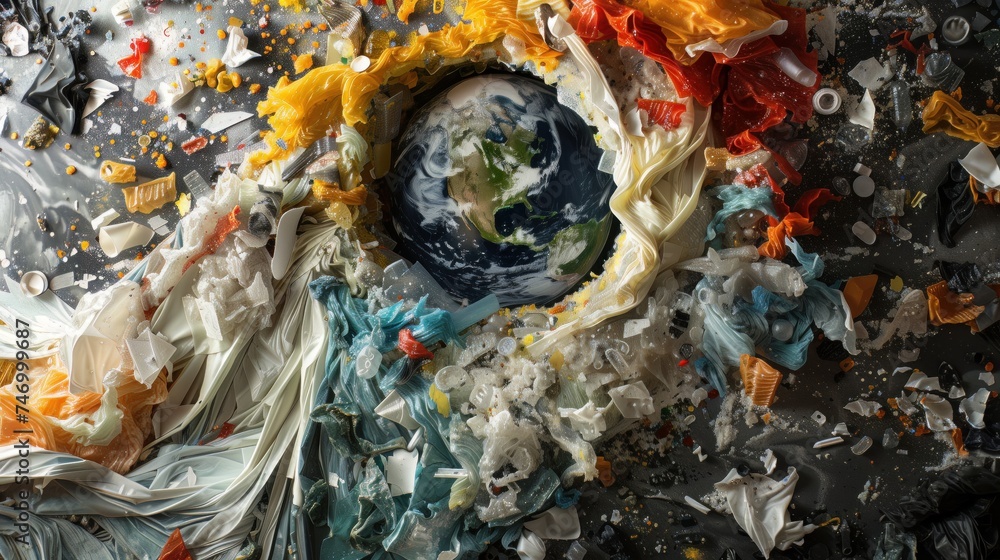 The concept of World Environment Day. The earth globe surrounded by plastic waste The concept of World Environment Day. The earth globe surrounded by plastic waste