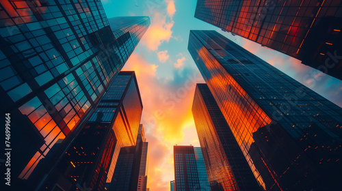 Wallpaper Mural Skyscraper downtown silhouettes at sunset with colorful sun and reflections on office buildings. Torontodigital.ca