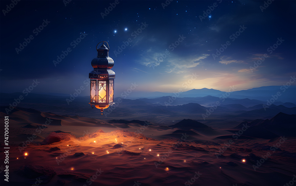 Obraz na plátně an arabian lantern with burning flame in the desert at night ai generative