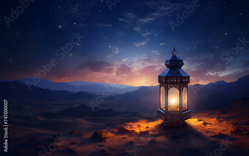 an arabian lantern with burning flame in the desert at night ai generative