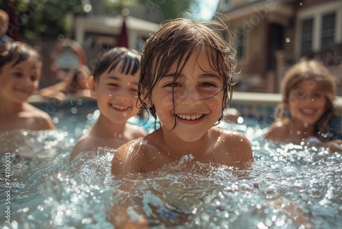 Group of joyful children playing and smiling in a pool on a sunny day.
