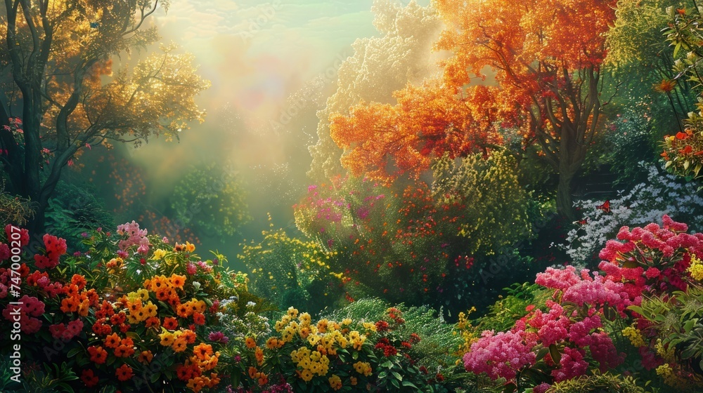 views of colorful flowers and green trees growing abundantly - obrazy, fototapety, plakaty 