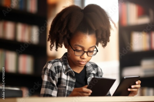A young girl with glasses, engrossed in her digital reader