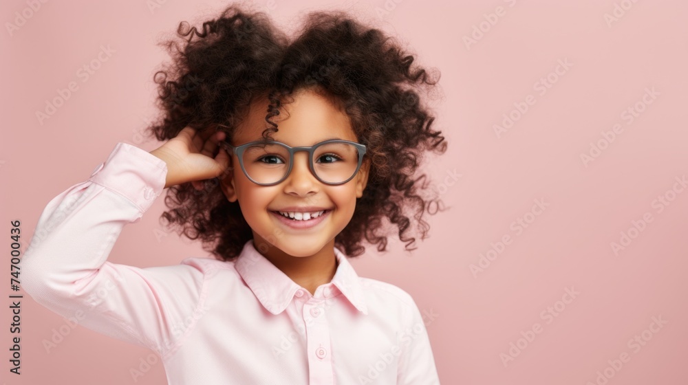 Obraz premium A charming little girl with glasses and ponytails smiling brightly. Fictional Character Created By Generated By Generated AI.