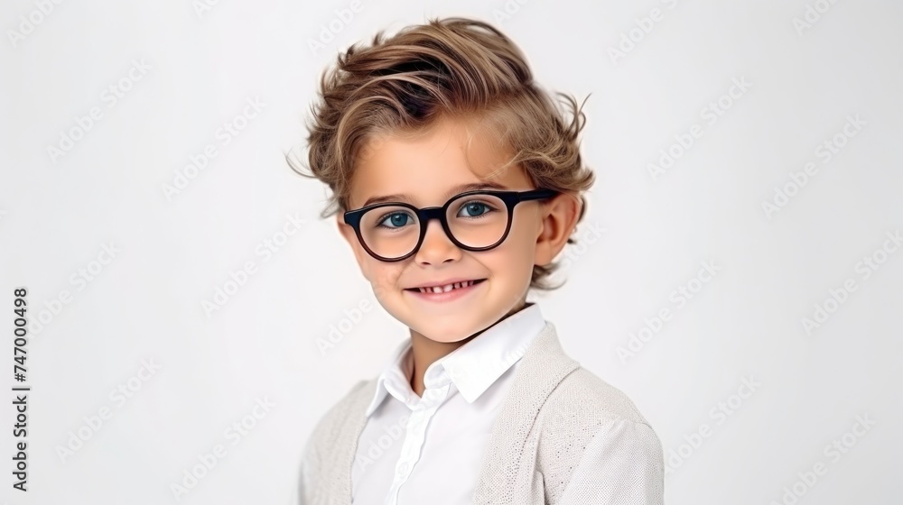 Smiling young boy wearing glasses and a white shirt. Fictional Character Created By Generated By Generated AI.