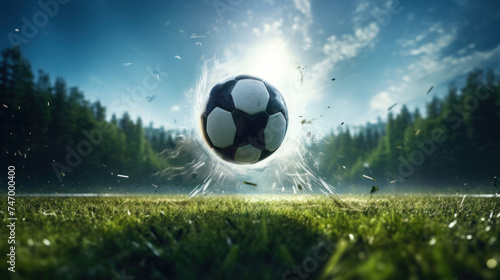 Soccer Ball Impacting with Power on Grass Field