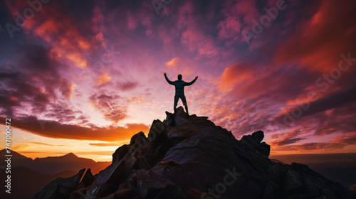 Silhouette of Person Celebrating on Mountain Peak at Sunset