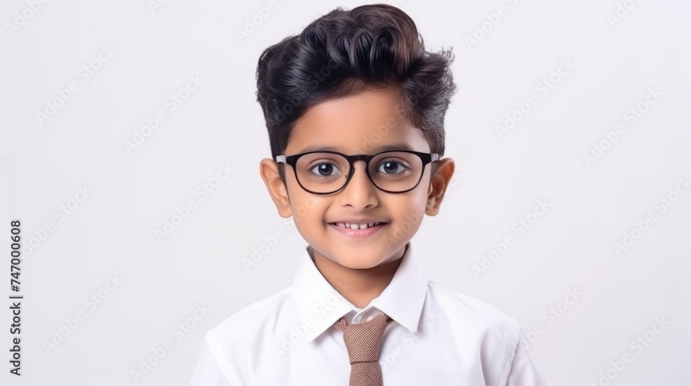 The Smiling Young Boy With Glasses and a Tie Posing for a Photo. Fictional Character Created By Generated By Generated AI.