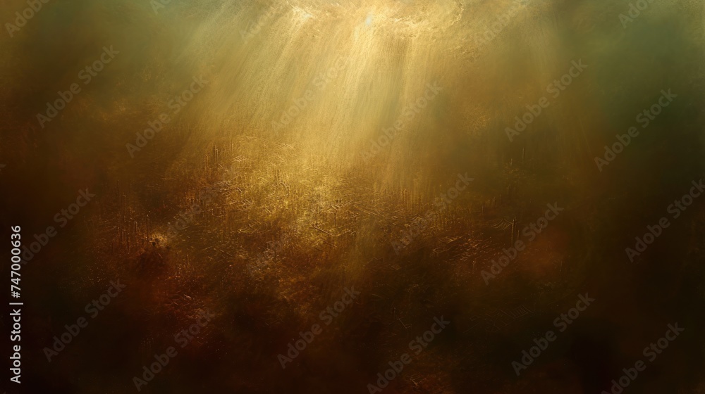 a painting of sunbeams shining through the clouds in a dark, green, yellow, and brown background. a painting of sunbeams shining through the clouds in a dark, green, yellow, and brown background.