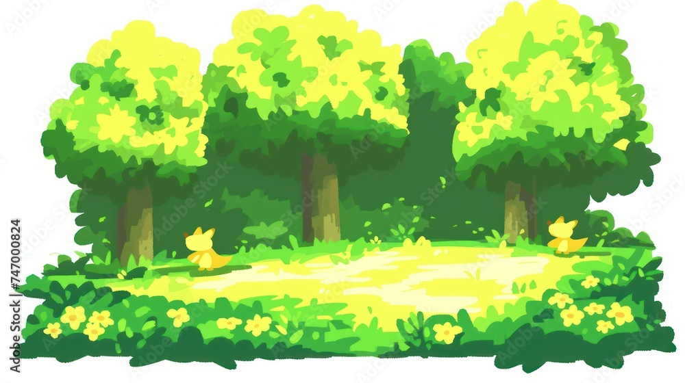a drawing of a park with trees and a small pond in the middle of the park with yellow flowers on the ground.