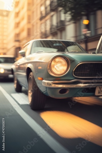 Defocused background of a classic car in the street in motion blur