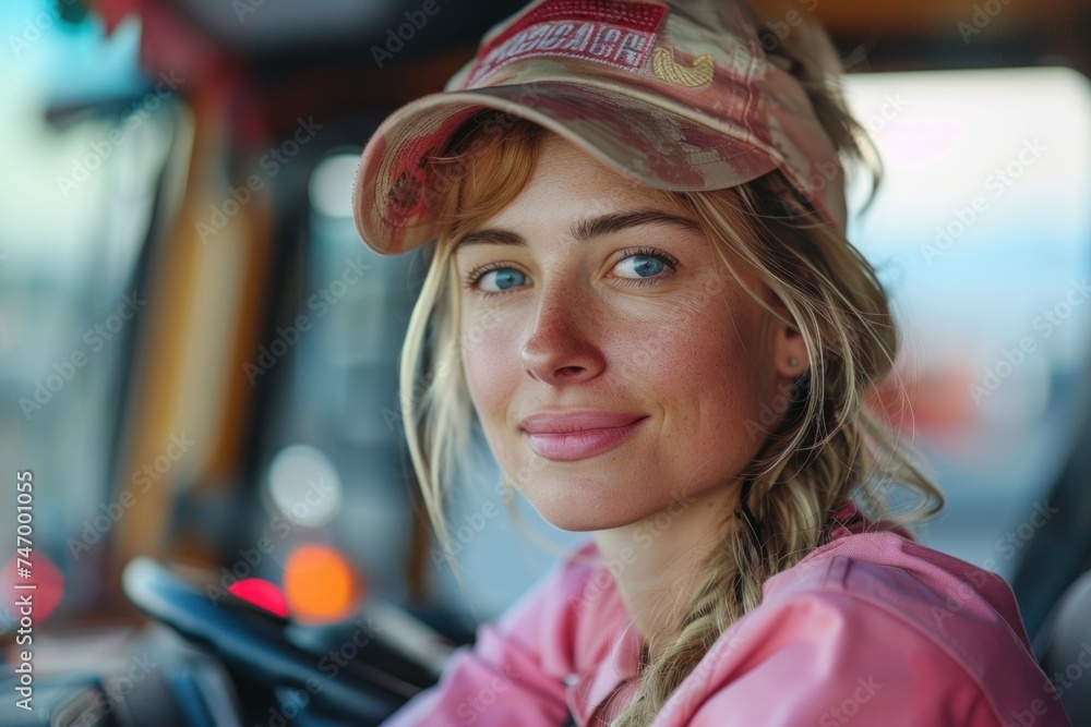 A close-up of a young woman with sun-kissed hair and natural makeup, with a casual yet confident pose against a truck. a female truck driver breaking stereotypes A close-up of a young woman with sun-kissed hair and natural makeup, with a casual yet confident pose against a truck. a female truck driver breaking stereotypes