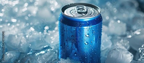 A can of soda is placed on a bed of ice cubes, creating a refreshing and cool environment for the drink. The condensation on the can indicates the cold temperature, while the ice keeps the beverage photo