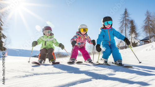Children Enjoying Skiing on a Sunny Snowy Slope