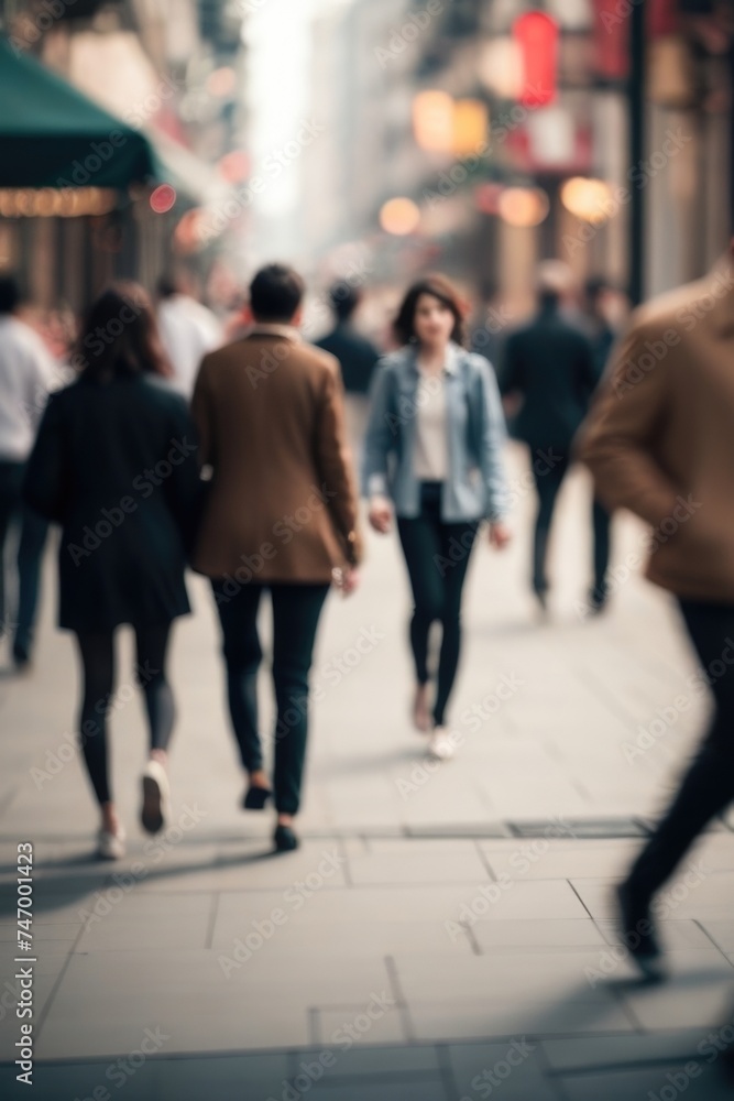 Defocused background of people walking in the street in motion blur