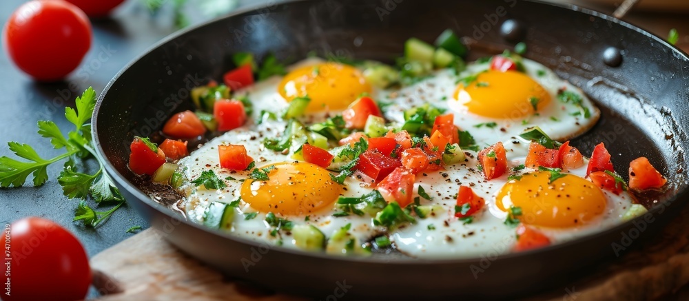 A tableware carrying a delicious recipe of eggs and tomatoes cooked in a frying pan, showcasing a blend of natural ingredients like tomatoes and leaf vegetables. A tableware carrying a delicious recipe of eggs and tomatoes cooked in a frying pan, showcasing a blend of natural ingredients like tomatoes and leaf vegetables.
