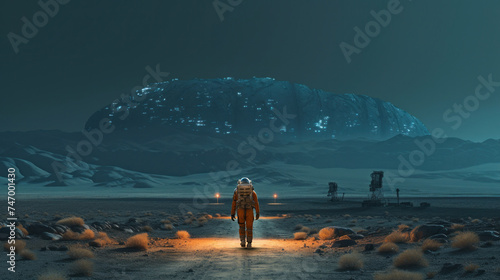 Astronaut Trekking on a Rugged Alien Planet
