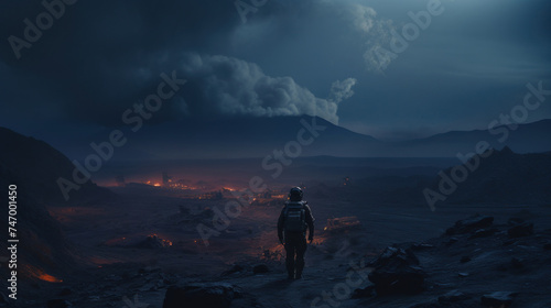 Astronaut Trekking on a Rugged Alien Planet © Polypicsell