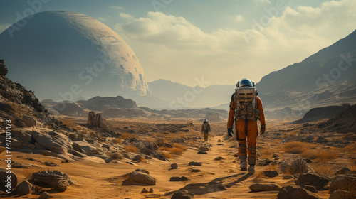 Astronaut Trekking on a Rugged Alien Planet
