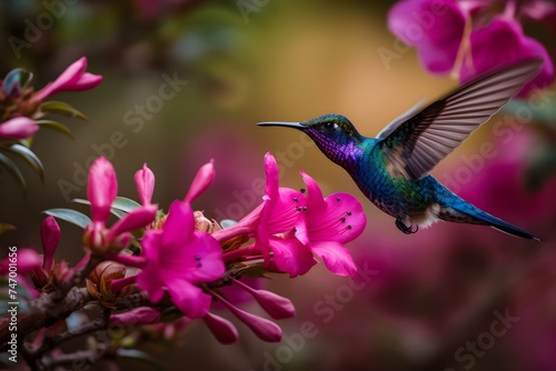 Violet Sabrewing, a hummingbird, flies near to a stunning pink blossom in a tropical environment