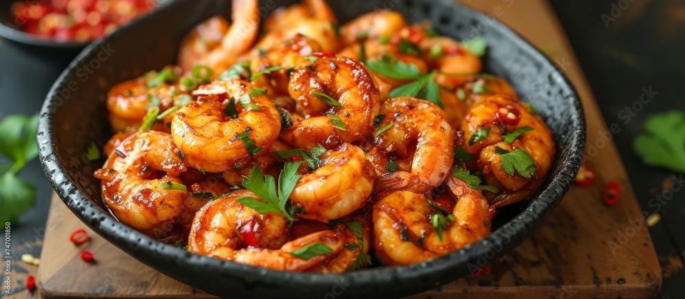 Delicious bowl of shrimp served with spicy chilis and herbs, tempting seafood dish Delicious bowl of shrimp served with spicy chilis and herbs, tempting seafood dish
