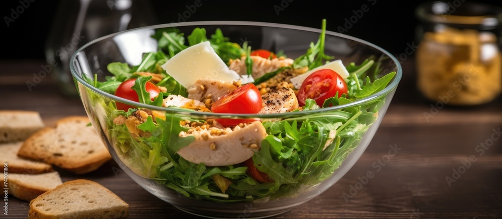 A healthy Caesar salad with tomato, chicken, arugula, and spices is presented in a transparent glass bowl alongside crispy crackers on a wooden surface.