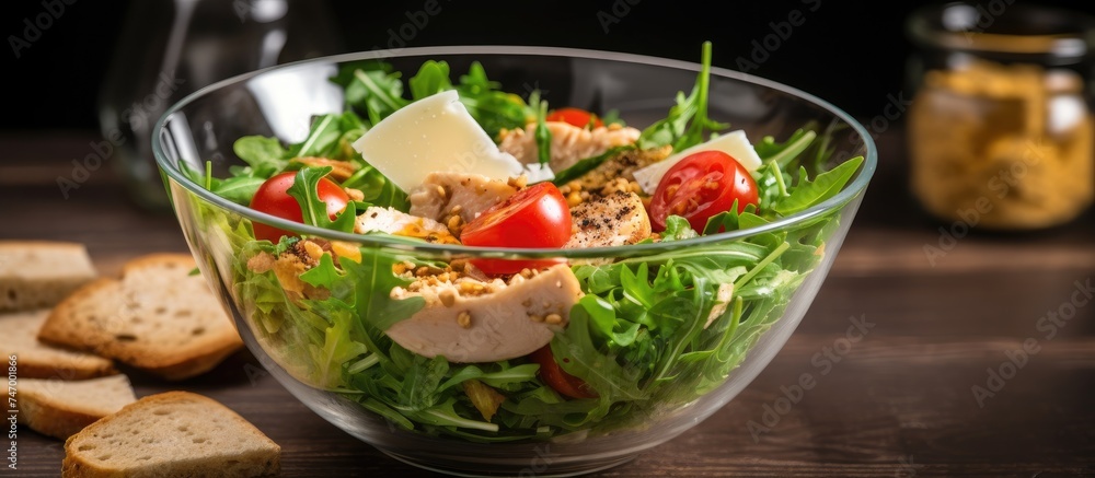A healthy Caesar salad with tomato, chicken, arugula, and spices is presented in a transparent glass bowl alongside crispy crackers on a wooden surface. A healthy Caesar salad with tomato, chicken, arugula, and spices is presented in a transparent glass bowl alongside crispy crackers on a wooden surface.