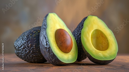 a couple of avocados sitting on top of a wooden table next to a piece of avocado. photo