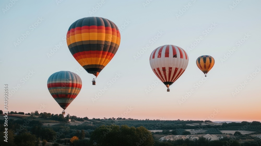 a group of hot air balloons flying in the sky over a valley at sunset or dawn with a few trees in the foreground.