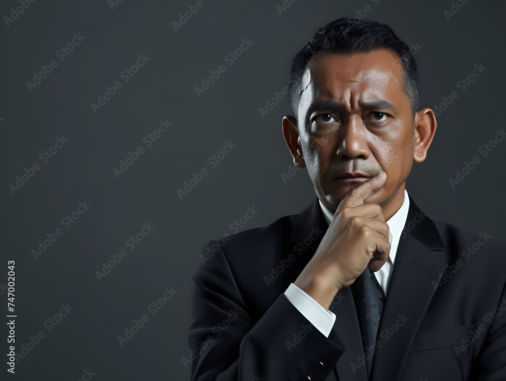 A mature Indonesian CEO is thinking hard to find a solution for his business A mature Indonesian CEO is thinking hard to find a solution for his business