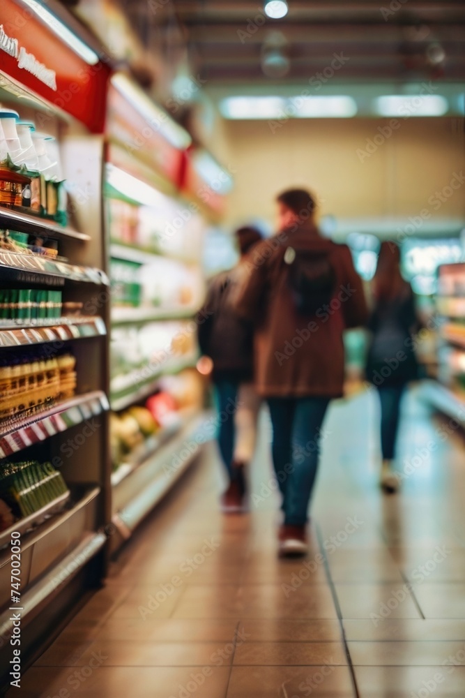 Defocused background of people walking in the supermarket store interior in motion blur Defocused background of people walking in the supermarket store interior in motion blur