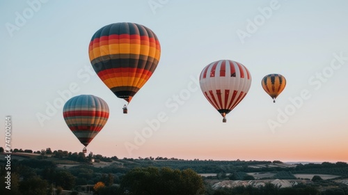 a group of hot air balloons flying in the sky over a valley at sunset or dawn with a few trees in the foreground.