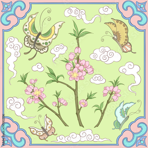 Peach blossom pattern design, branches, leaves, blooming flowers and butterflies, digital art.