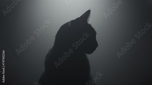 a black and white photo of a cat with its head turned to the side in the light of a spotlight.