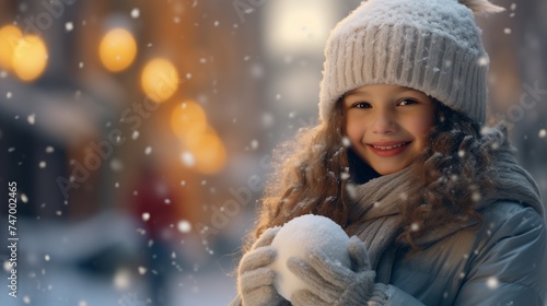 A heartwarming image captures the pure joy of a smiling little girl, gleefully holding a snowball while enjoying a beautiful winter park during a delightful snowfall. 