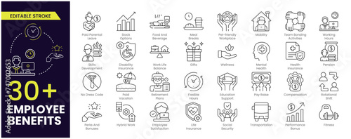 Employee benefits Editable Stroke icon set. Containing social security, pay raise, health and life insurance, paid vacation, bonus and more icons. Editable Outline, line icon collection.