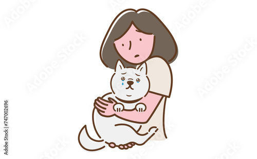 泣く・悲しむ・辛そうな白い柴犬を抱っこしながらケア・なでる女性の飼い主のシンプルかわいいイラスト_保護犬