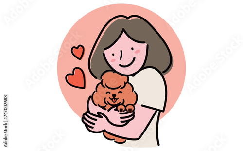 かわいい茶色い子犬のトイプードルを抱っこしながらなでる女性飼い主のシンプルなイラスト