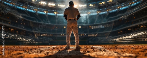 baseball player standing ready in the middle of baseball arena stadium as wide banner with copyspace area. Generative AI