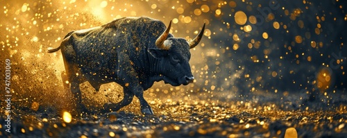 bull financial bitcoin or crypto market concept in gold and black color with copyspace area, Generative AI photo